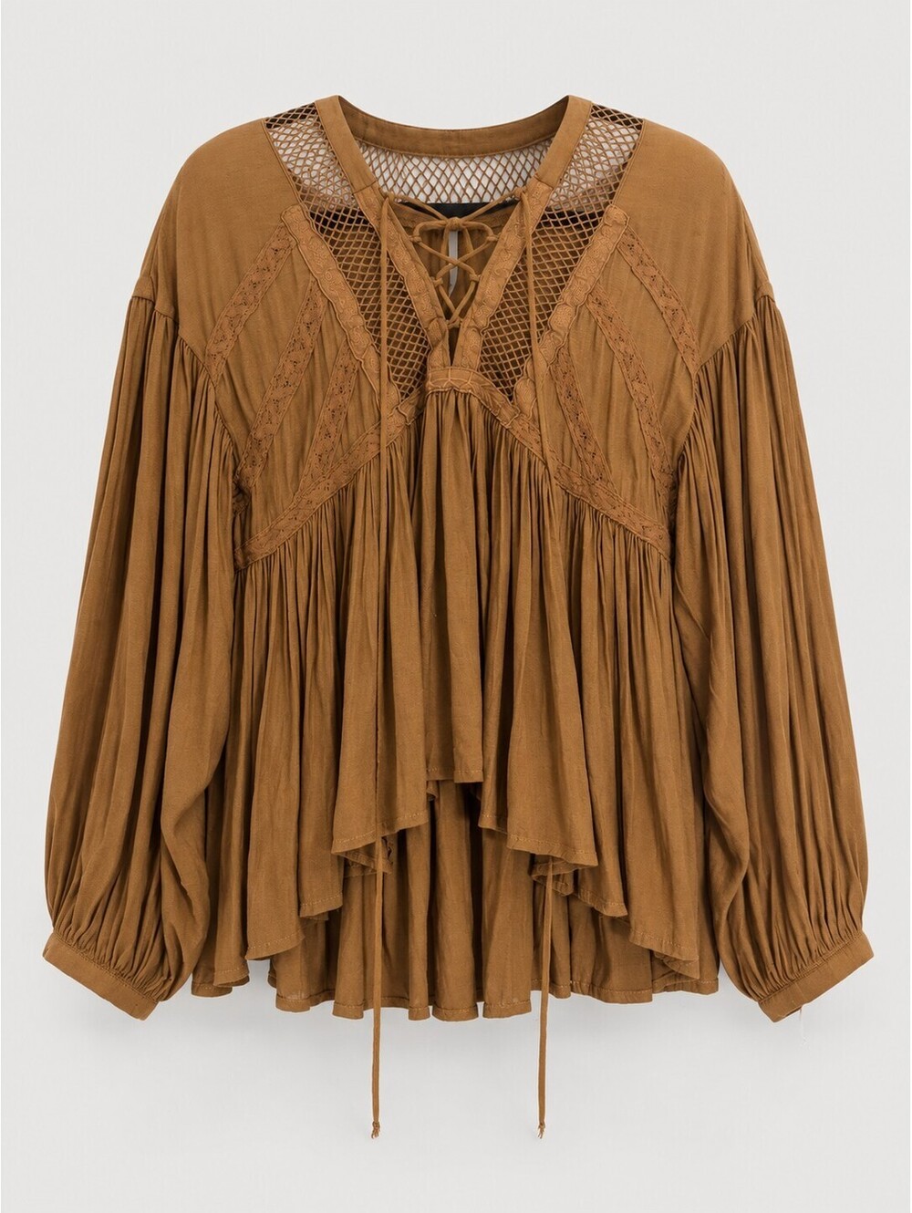 Free People Lina Lace Bronze Boho Peasant Tunic Blouse Women’s XS